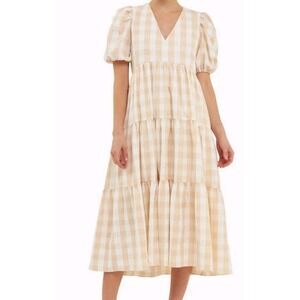 English Factory Tan And White Gingham Midi Dress Size Medium